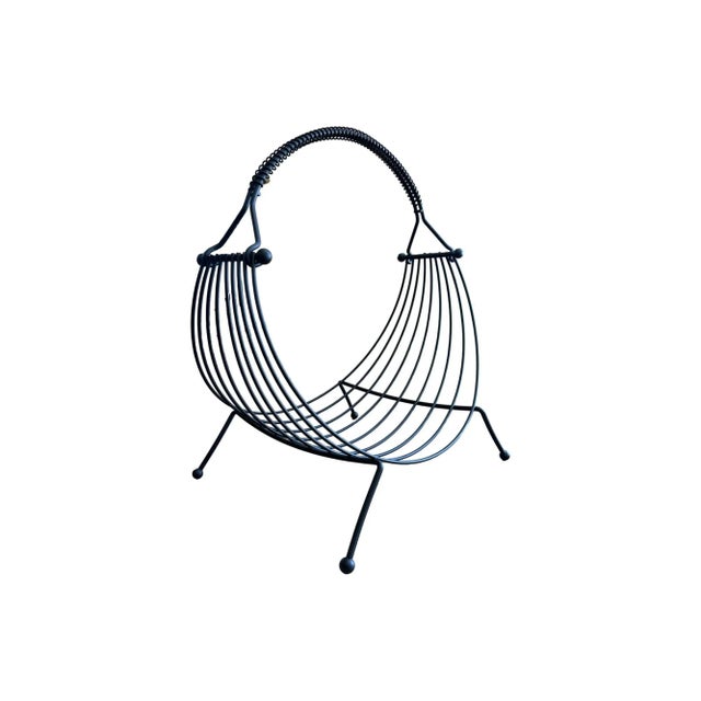 Mid Century Modern Atomic Restored Kitsch Magazine Rack Log Holder Wrought Iron Vintage Small Attributed to Richard Galef For Sale - Image 4 of 12