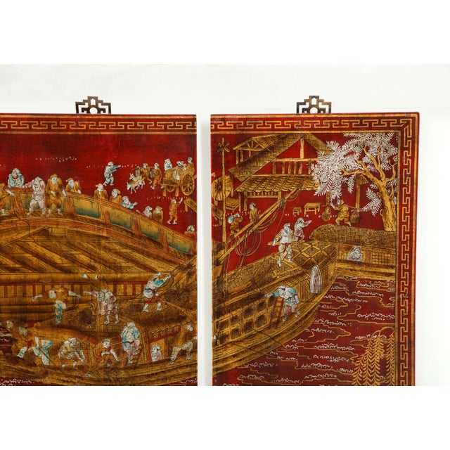 Chinoiserie Set of Six Red Lacquered Chinoiserie Panels For Sale - Image 3 of 13
