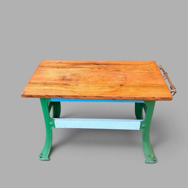 Industrial Vintage Industrial Pine Workbench with Cast Iron Base For Sale - Image 3 of 7