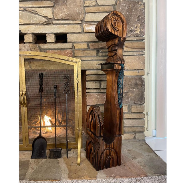 Witco Tiki Mid Century Wood Carved Fireplace Tool Set With Brutalist Accent For Sale - Image 14 of 15