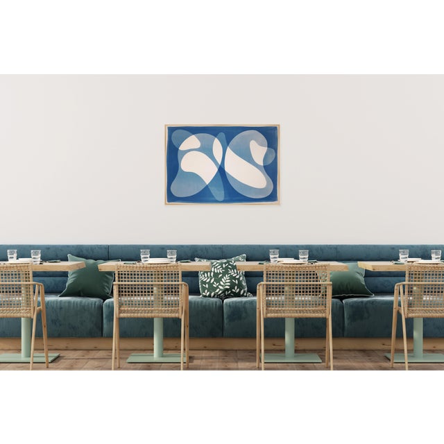 2026, Abstract Organic Monotype, Modern Floating Shapes in Blue Tones, Back to Back, Handmade MOnotype Cyanotype on Watercolor Paper For Sale - Image 4 of 8