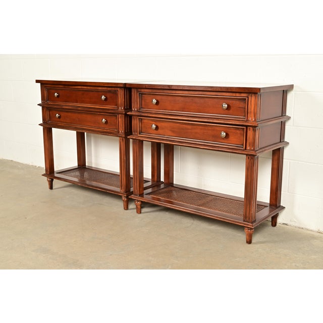 Drexel Heritage French Regency Louis XVI Carved Mahogany and Cane Console Tables or Servers, Pair For Sale - Image 13 of 13