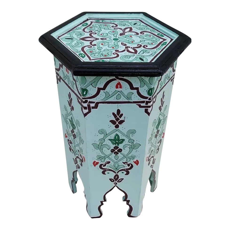 Moroccan Hexagonal Hand Painted Wooden Side Table in Celadon Zouak