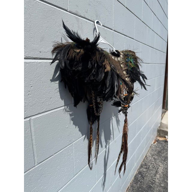 Tribal Custom Bohemian Leather and Peacock Feather Wall Display Sculpture For Sale - Image 3 of 6