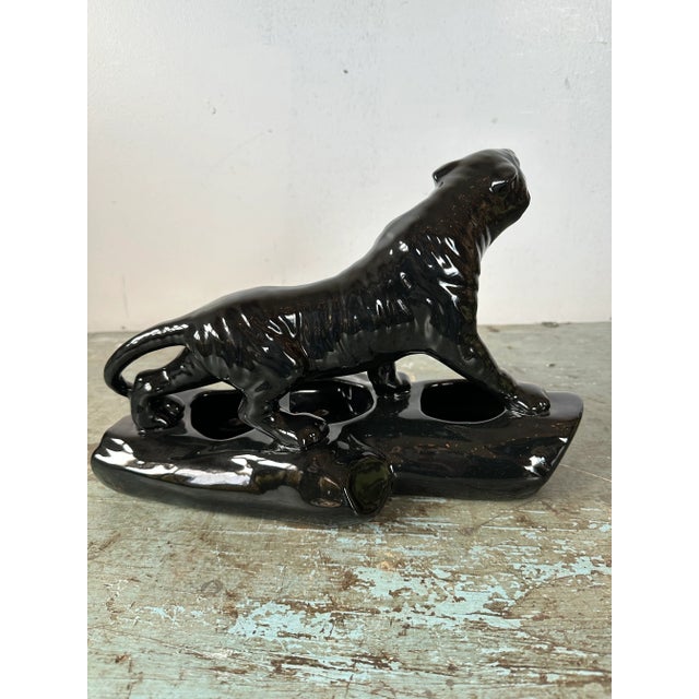 Vintage Ceramic Black Panther on Log Planter For Sale - Image 4 of 11