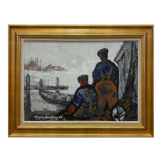 Mid-Century Oil Painting by Danish Artist Anker Landberg, Titled "Fishermen" For Sale