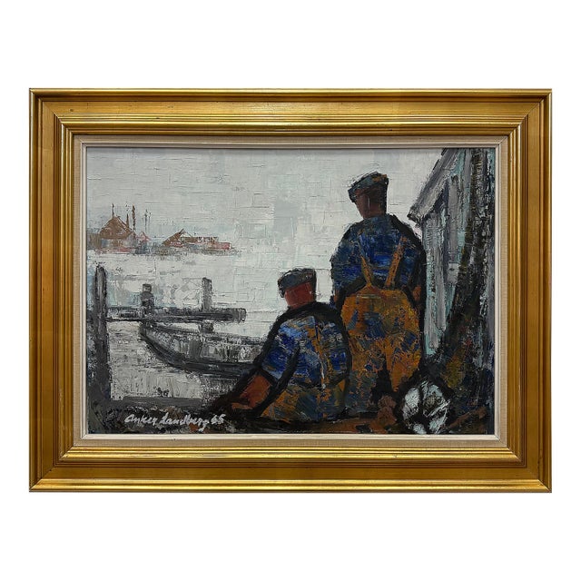 Mid-Century Oil Painting by Danish Artist Anker Landberg, Titled "Fishermen" For Sale