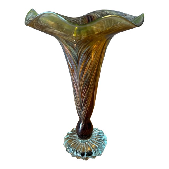 Signed Art Glass Amber Pulled Feather Pattern Trumpet Vase For Sale