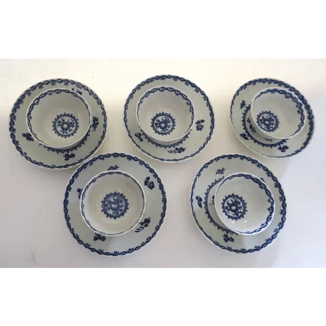 Set of five George III period Dr.Wall Worcester blue and white tea bowls and saucers. Nice condition./