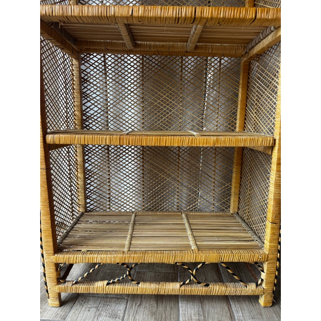Vintage Asian Boho Chic Wicker Rattan Arched Peacock Etagere Display Book Shelf For Sale - Image 9 of 9