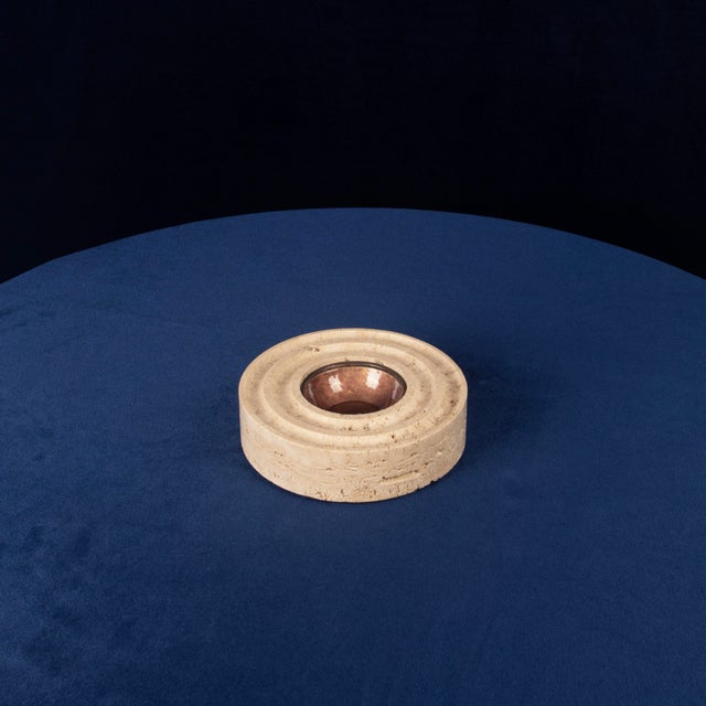 Italian Round Travertine and Copper-Toned Metal Ashtray, 1970 For Sale - Image 6 of 18
