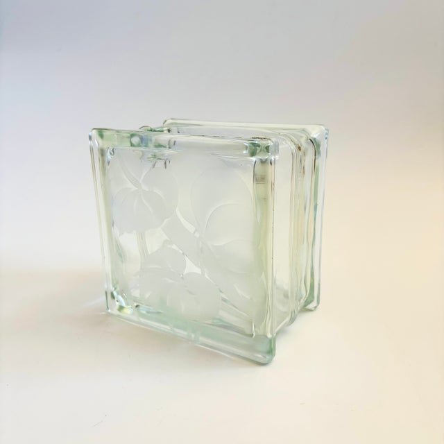 Postmodern Vintage Frosted Flower Glass Block Vase For Sale - Image 3 of 10