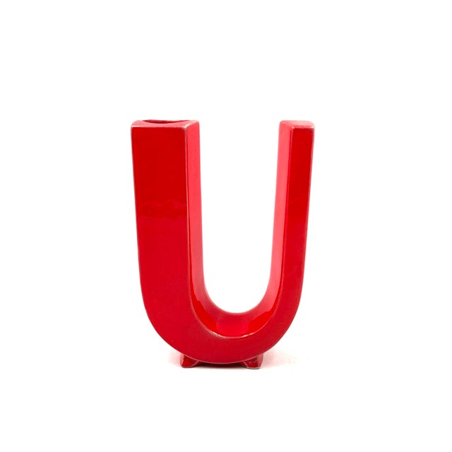 Red Space Age Red U Letter Shaped Ceramic Solifleur Vase, Marcel Radureau Ca. 1970 For Sale - Image 8 of 12