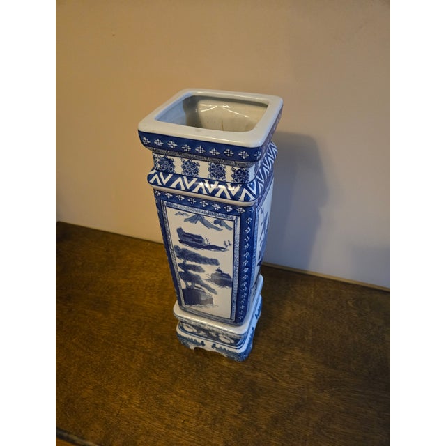 Early 20th Century Vintage Chinese, Blue & White Porcelain Vase on Stand, Qianlong Style For Sale - Image 5 of 9
