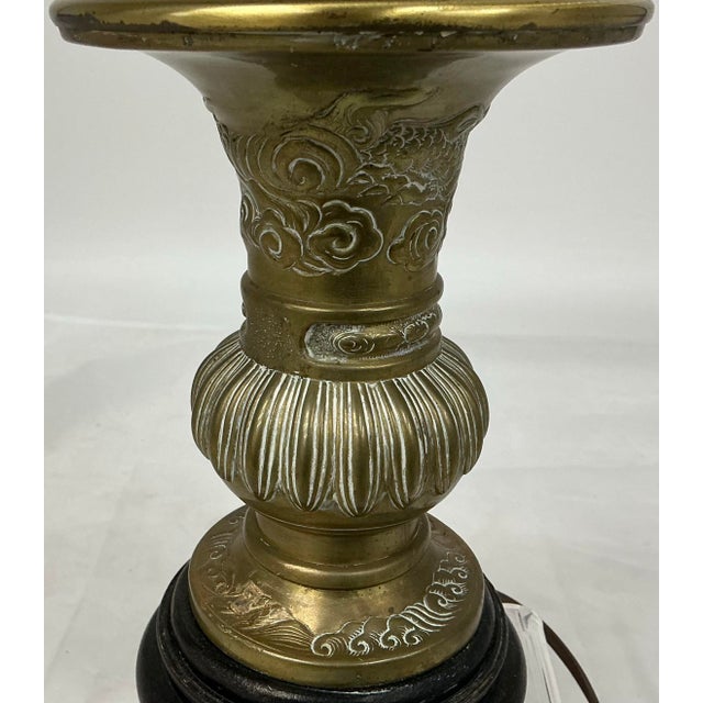 Wood Petite Vintage Asian Brass Dragon Motif Lamp For Sale - Image 7 of 11