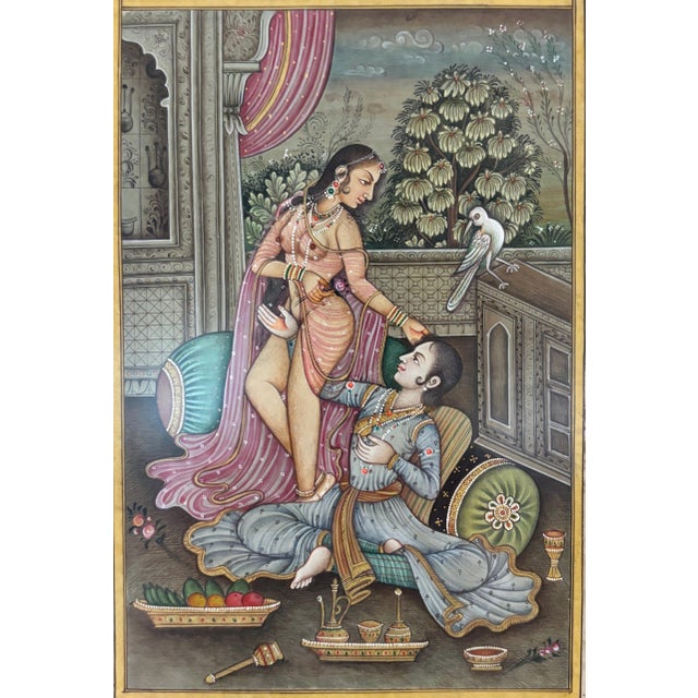 Indian Art, Set of hand-painted and printed pages from vintage Kuma -Sutra manuscript. Gauche on paper. Mounted on red...