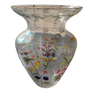 Antique Bohemian Art Glass Vase Hand Painted Enamel Floral Gold Rim 11.5” For Sale