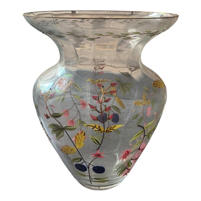 Antique Bohemian Art Glass Vase Hand Painted Enamel Floral Gold Rim 11.5” For Sale