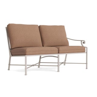 Brown Jordan Venetian Right Arm Loveseat, Dove frame with Fusion Clay fabric For Sale