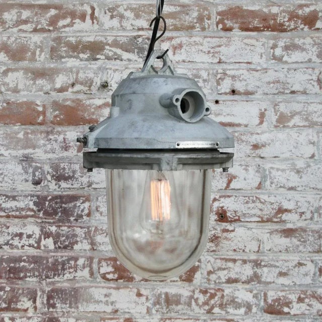 1970s Industrial Clear Glass & Grey Pendant Lights For Sale - Image 5 of 6