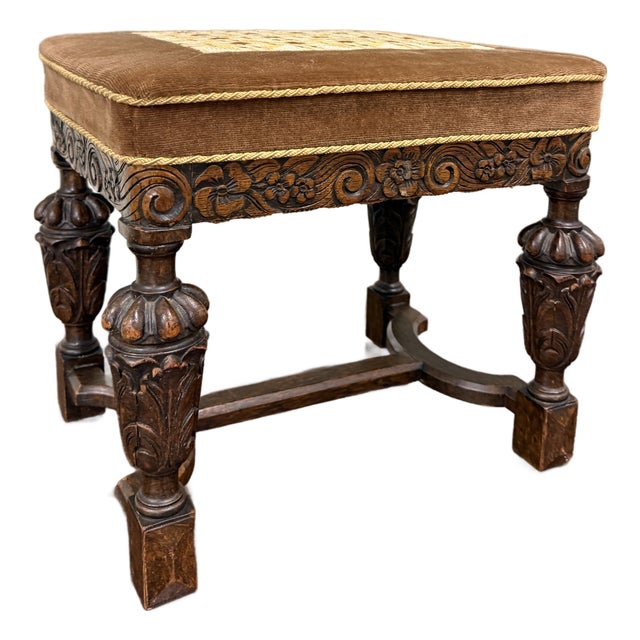 Antique English Jacobean Upholstered Bench Stool Carved Oak C. 1930s For Sale