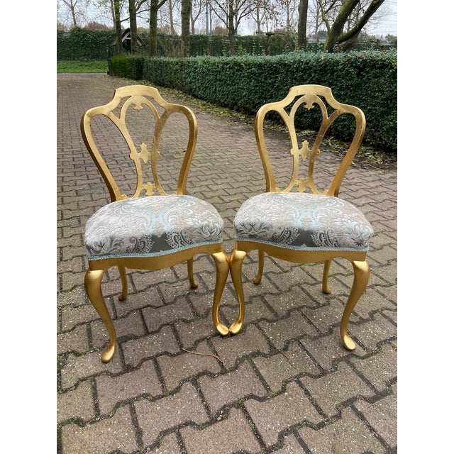 1950 French Louis XVI Gold Damask Side Chairs – Pair For Sale - Image 9 of 14