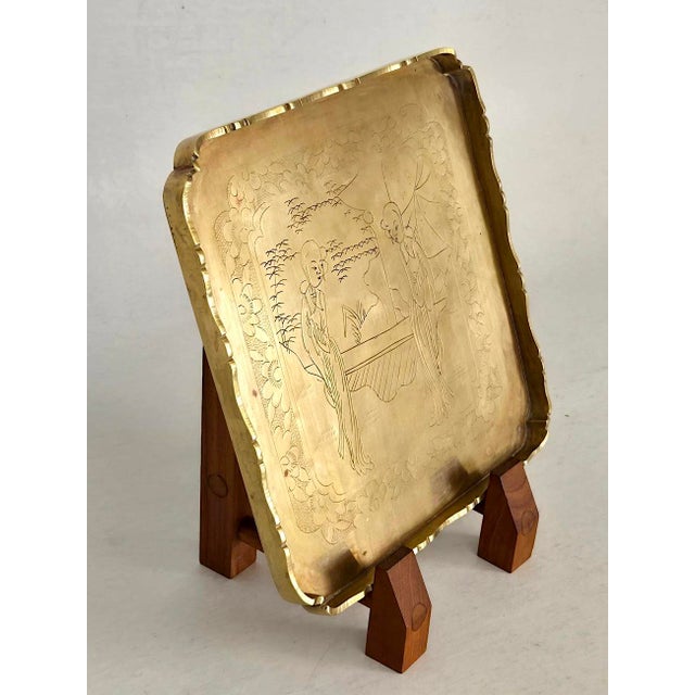 Late 19th Century Late 19th Century Brass Opium Tray With Engraved Courtyard and Women, Late Qing Dynasty For Sale - Image 5 of 10