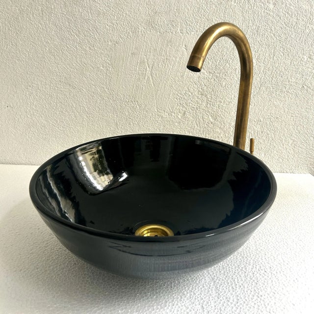 Black Black Round Ceramic Blacked Vanity Vessel Sink Basin, Brass Drain For Sale - Image 8 of 9
