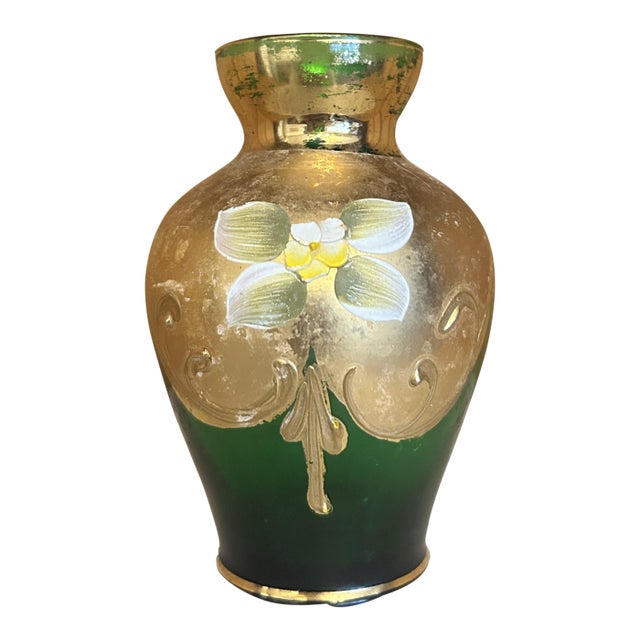 Antique Hand-Painted Bohemian Green Gold Moser Small Glass Vase Floral Motif For Sale