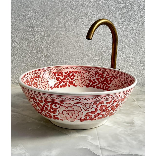 Ceramic Pink Flower Handcrafted Vessel Basin Ceramic Modern Style, Moroccan Basin Sink Bowl with Brass Drain For Sale - Image 7 of 10