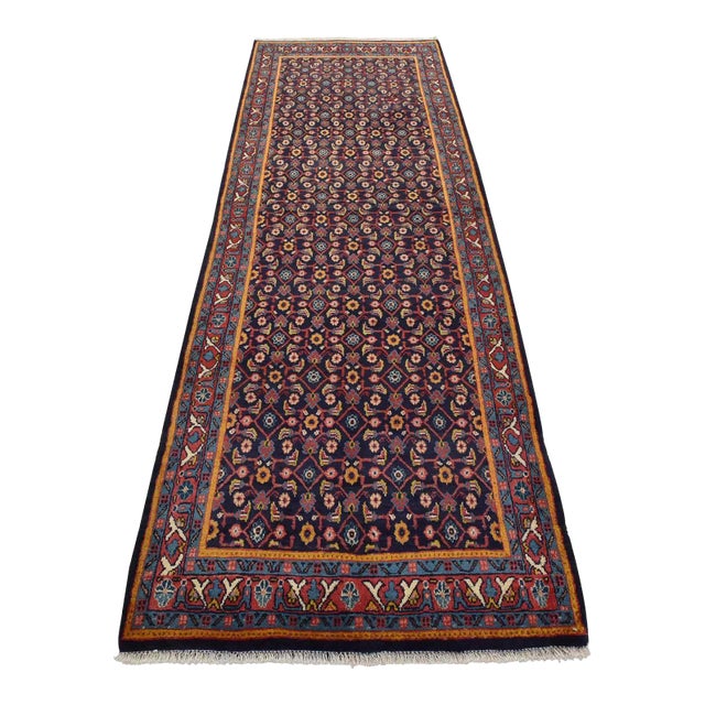 Mahal Runner 3’10” X 10’4” Blue Wool Vintage Tribal Hand-Knotted Oriental Rug For Sale