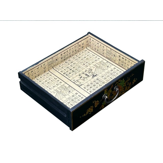 Wood Chinese Black Vinyl Moon Face Flower Birds End Table Nightstand For Sale - Image 7 of 10