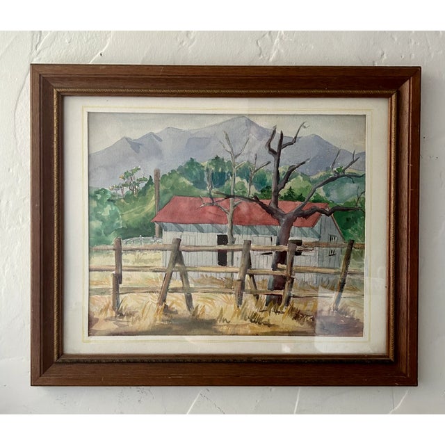 Vintage Original Watercolor Painting “Red Roof Farmhouse”, Framed For Sale - Image 9 of 9