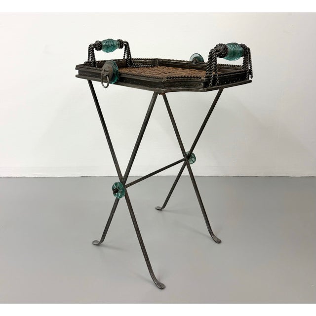 Hollywood Regency Vintage Maitland-Smith Metal, Woven Rattan & Glass Tray Table For Sale - Image 3 of 7