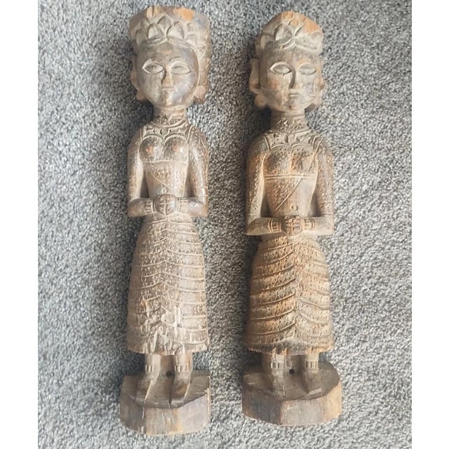 Pair, Vintage Antique Hand-Carved Wood Female Figures Temple Statue Sculpture 15" For Sale - Image 15 of 15