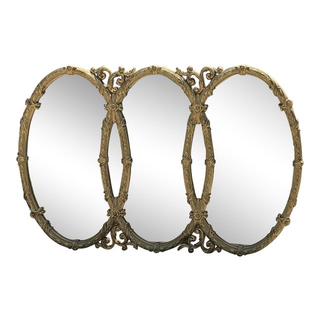 Vintage Hollywood Regency Triple Oval Wall Mirror For Sale