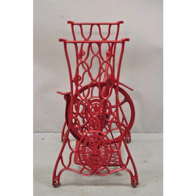 Antique Singer Cast Iron Red Treadle Sewing Machine Table Base For Sale - Image 12 of 12