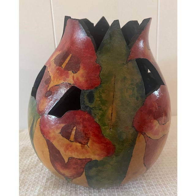 2010s “Gorgeous “ Artist-Made Hand-Carved & Hand-Painted Calla Lilies Gourd Vessel For Sale - Image 4 of 11