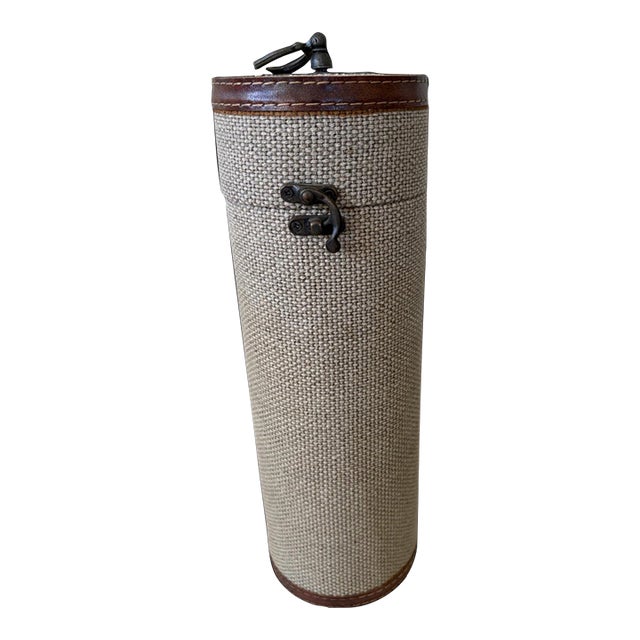 Late 20th Century Rustic Wine Bottle Case With Woven Fabric & Brown Stitched Trim, Cylindrical Wine Gift Box, Metal Ring Handle For Sale