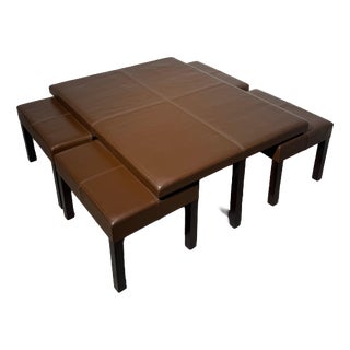 Leather Coffee Table with Nesting Stools, Set of 5 For Sale