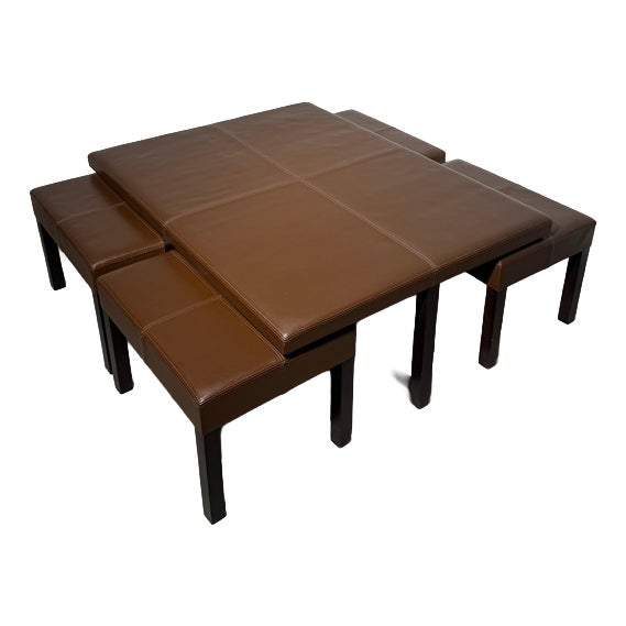 Leather Coffee Table with Nesting Stools, Set of 5 For Sale