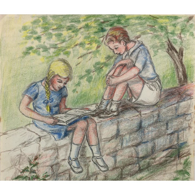 1960s "Passing Time" 1960s Impressionist Style Figurative Pencil Drawing For Sale - Image 4 of 4