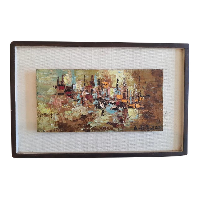 Mid Century Abstract Cityscape Signed Painting For Sale
