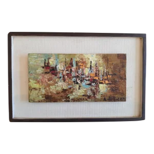 Mid Century Abstract Cityscape Signed Painting