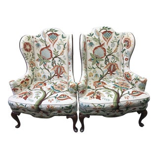 1976 Boho Chic Woodmark Crewel Wingback Arm Chairs - a Pair For Sale