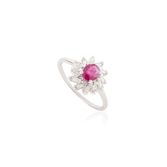 Art Deco VRJewels Ruby & Baguette Diamond Halo Promise Ring Size 8 in 14k Gold For Sale - Image 3 of 14