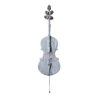 Large 67" Hand-Carved Wooden Cello Sculpture With Pinecone Tuning Pegs – Folk Art For Sale