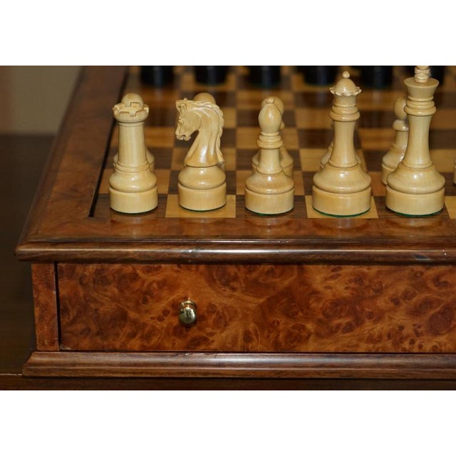 Vintage Burr Walnut Velvet Drawer Chessboard and Chess Set from Staunton, Set of 33 For Sale - Image 13 of 18
