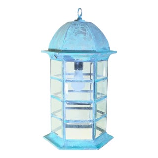 Vintage Solid Brass Hexagonal Hanging Lantern – Verdigris Patina 20”h X 11”w For Sale