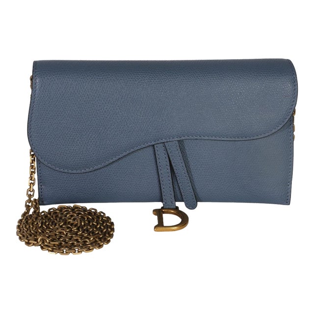 Blue Grained Calfskin Small Saddle Pouch With Chain For Sale